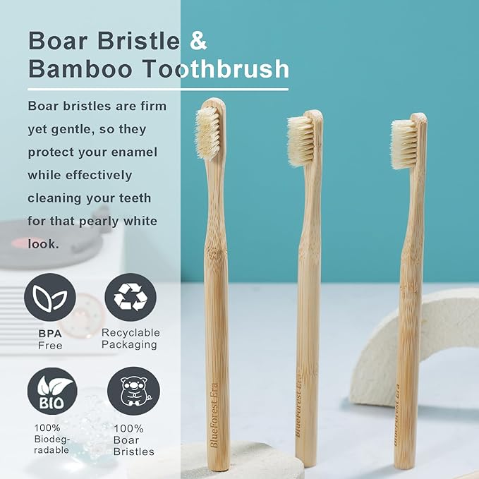 Boar Bristles & Bamboo Toothbrush, Premium Boar Bristle Toothbrush for Adult, Plastic & Nylon Free, Eco-Friendly Natural Biodegradable Compostable Bamboo Tooth Brushes 6 Pack