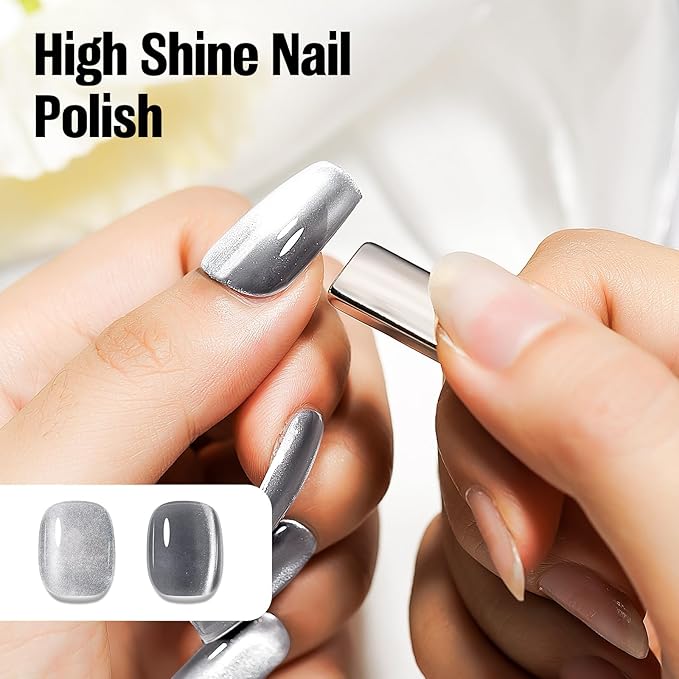 Cat Eye Nail Polish Silver 15ml, Quick Drying Nails Polish with Magnet Regular Cateye Air Dry Oil-Base Glossy Magnetic Nail Polish Non Gel for Ladies