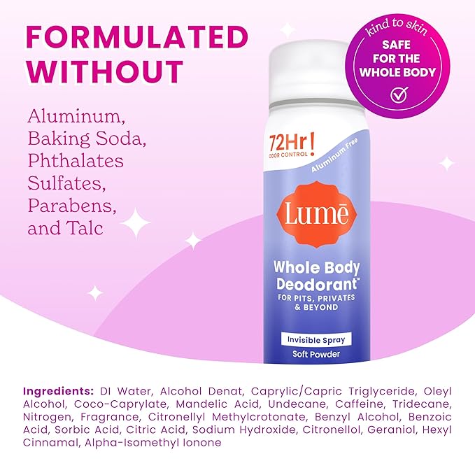 Lume Invisible Spray Deodorant For Women Two Pack - Full Size & Mini Whole Body Deodorant Spray - 72 Hr Odor Control - Aluminum & Baking Soda Free - 2 Piece Bundle - 3.6 oz & 1.0 oz (Soft Powder)