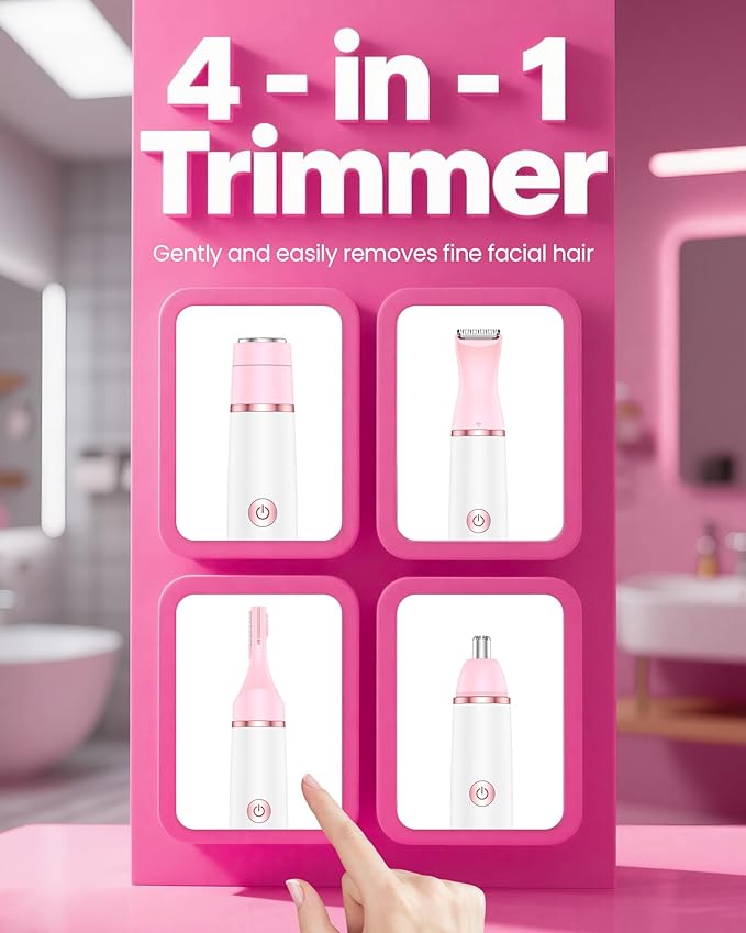 Bikini Trimmer Women & Body Shaver - 4-in-1 Painless Pubic Hair Remover for Sensitive Skin, Rechargeable & IPX7 Waterproof for Wet & Dry Use, for Face/Eyebrows/Nose/Underarms/Legs