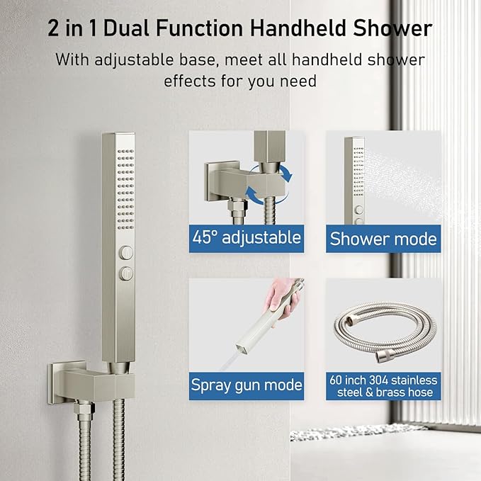 Shower Faucets Sets Brushed Nickel Shower System,12" Ceiling Rainfall Shower and 6" Wall Mount with 2 in 1 Handhled, Can Use All at Once, Thermostatic Shower Set with Valve and Trim Kit