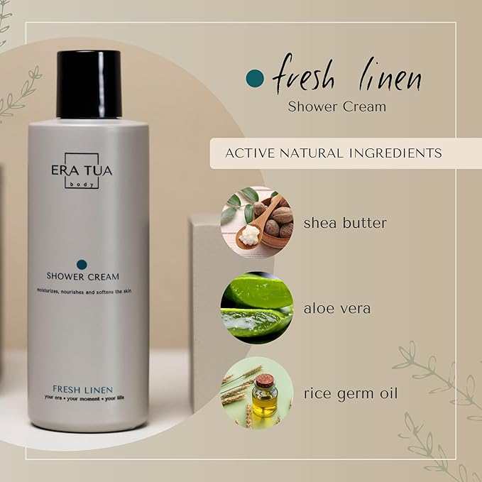ERA TUA Fresh Linen Shower Cream | Dutch Made & Formulated | Natural, Vegan, Paraben Free & Cruelty Free| Hydrating Body Wash for All Skin Types |sulfate Silicone free | Jasmine & Rose Scent | 200 ml
