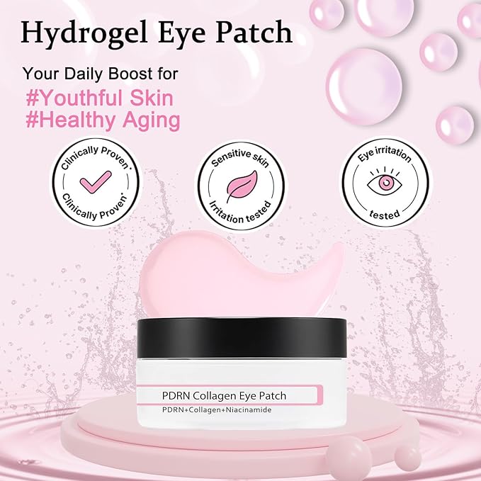 60 Pcs PDRN Under Eye Patches, Eye Mask for Puffy Eyes and Dark Circles, for Eye Bags, Fine Lines and Wrinkles Reduce, Anti Wrinkle, with Niacinamide Hydra-Gel Collagen, Skin Care - Gifts for Women