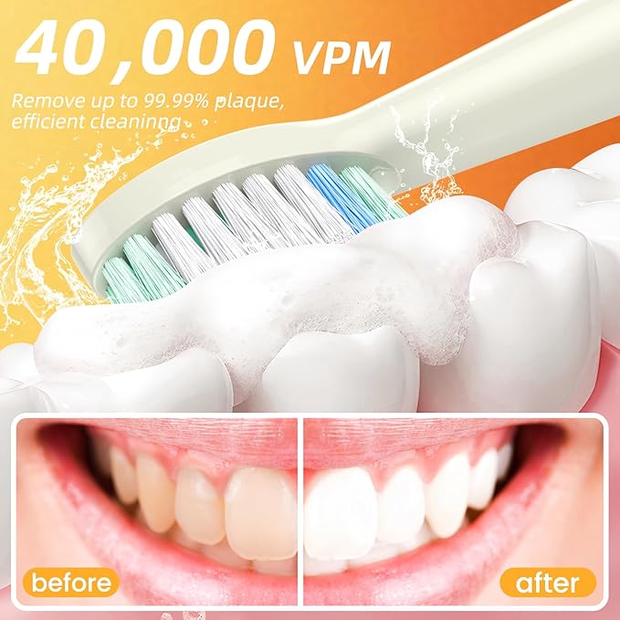 YUNCHI Electric Toothbrush Birthday/Valentine Plastic 8 Heads 24-Mo Deep Cleans Gentle Gums Removes Stains 3Hr USB-C 90d 2-Min Timer/30s IPX7 - Yellow Red