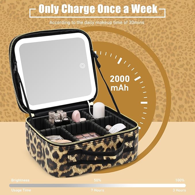 Jadazror Makeup Bag with Light Up Mirror, Lighted Travel Makeup Organizer 3 Colors Adjustable Brightness, Makeup Bag with Mirror and Light, Travel Train Case Portable Cosmetic Bag for Women(Leopard)