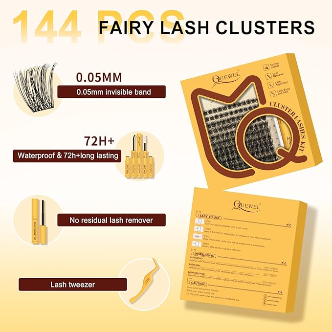 QUEWEL Lash Clusters Kit,144pcs Natural Lash Clusters Kit Mix10-18mm Clear Band Cluster Eyelash Extensions Kit With Lashes Bond and Seal, Lash Tweezers and Remover for DIY Natural Lashes(Elf 02)
