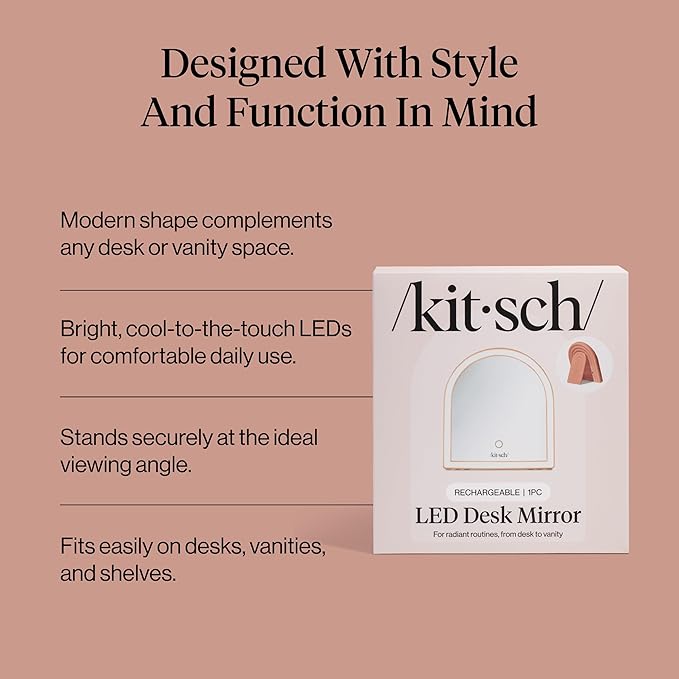 Kitsch Arch Desk Vanity Mirror with Lights, LED Makeup Surface, Touch Sensor Dimmable Warm Neutral Cool Glow, Rechargeable Desk Mirror with Kickstand for Travel - Terracotta