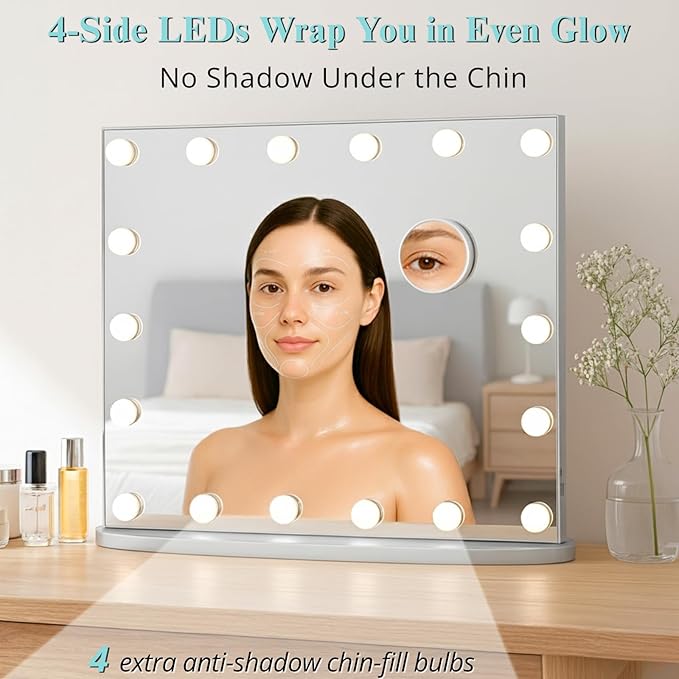 LUXFURNI Hollywood Glamour Vanity Mirror with 4 Extra Bottom Bulbs | Shadow-Free, Perfect Makeup View | Desk & Wall Mountable | 3 Color Modes for Office, Outdoor, Party Looks | USB Charging
