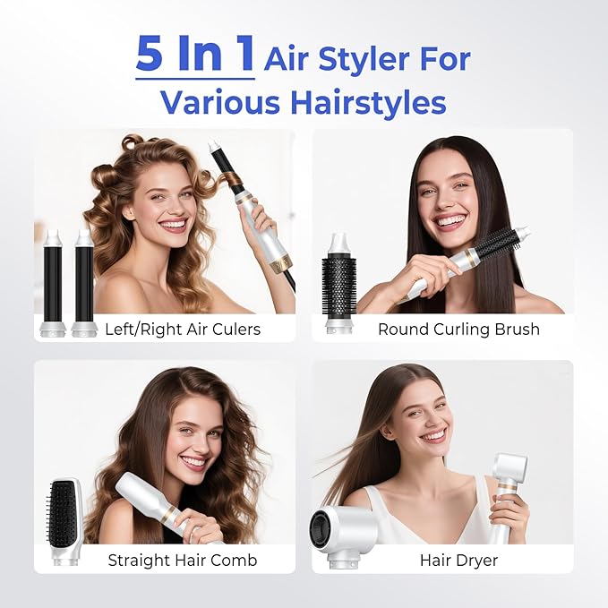 5 in 1 Hair Dryer Brush, Blow Dryer Brush Set with Air Curler Wrap Hair Styler, Negative Ionic Blow Dry Brush, Detachable Hair Tool for Curling, Volumizer,Straightener,Drying