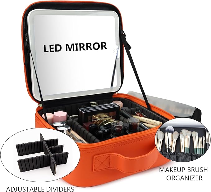 SLUMAZI Travel Makeup Bag with LED Mirror Travel Makeup Organizer with 3 Lighted Settings, Adjustable Dividers and Makeup Brush Storage Bag Orange
