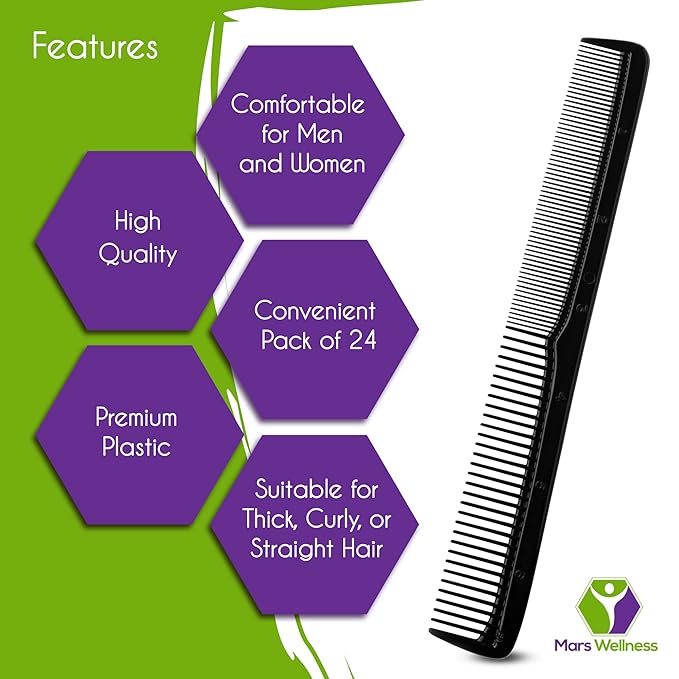 Mars Wellness 7" Hair Styling Comb (Bulk Pack of 24) - Plastic for Men & Women - Black Set - Heat Resistant for All Hair Types - for Salon, Barbershops, Home - Made in USA