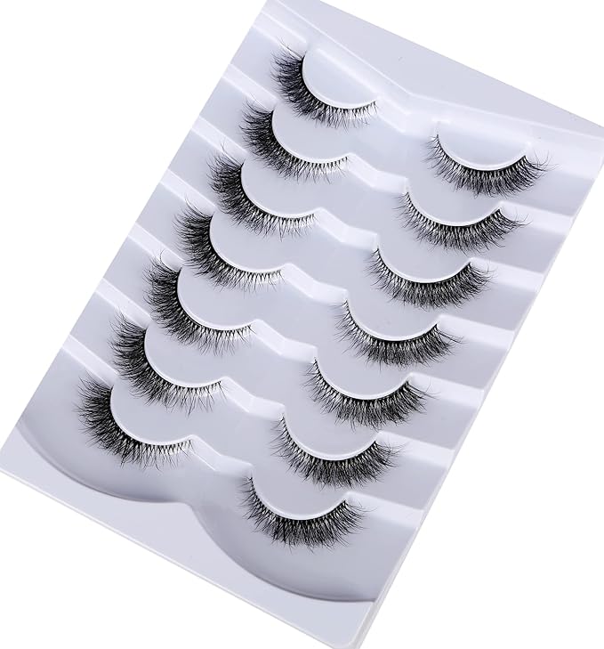 Pooplunch False Eyelashes Cat Eye Look Natural Short Lashes Wispy Clear Band Extension Volume Fake Eyelashes Faux Mink Strip Lashes 7 Pairs Pack