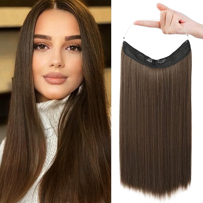 REECHO Invisible Wire Hair Extensions with Transparent Headband Adjustable Size Removable Secure Clips in Straight Secret Hairpiece for Women (20 Inch (Pack of 1), Medium Brown with Highlights)