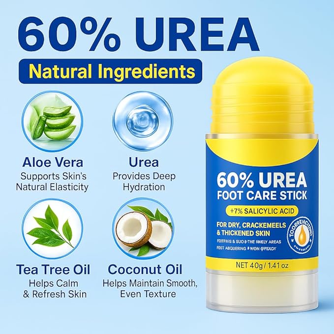 60% Urea with 2% Salicylic Acid Urea Foot Care Stick, Foot Cream Moisturizer for Dry Cracked Feet, Knees, Elbows, Hands,Moisturizes and Hydrates the Dry Skin,Callus Remover & Skin Softener -1.41oz