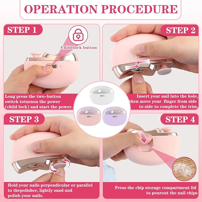 3-in-1 Electric Nail Clippers, Upgrade Electric Nail Clippers for Kids or Adults, Electric Polishing Nail Clipper with Collector, Excellent Electric Nail Trimmer Gift for Your Loves (Cute-Pink)