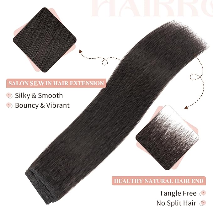 Hairro Sew in Human Hair Extensions Real Hair, 100g/bundle Weave Weft for Women Adding Volume and Length, for DIY Beauty Dating Party, 24 Inch One Bundle Straight Off Black