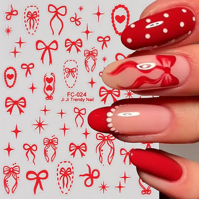 Bow Nail Art Stickers Red White Laser Bow Stars Hearts Nail Design Stickers for Nails Art Valentines Bows Nail Decals Supplies DIY Acrylic Manicure Decoration Accessories for Women 6 Sheets