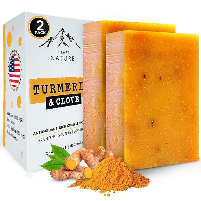 iHeart Nature Turmeric Bar Soap (2-Pack) – Face & Body Cleanser for Dark Spots – Clove Essential Oil, Creamy Aromatic Lather