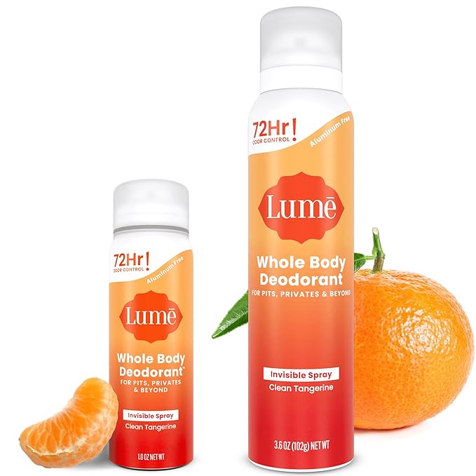 Lume Invisible Spray Deodorant For Women Two Pack - Full Size & Mini Whole Body Deodorant Spray - 72 Hr Odor Control - Aluminum & Baking Soda Free - 2 Piece Bundle - 3.6 oz & 1.0 oz (Clean Tangerine)