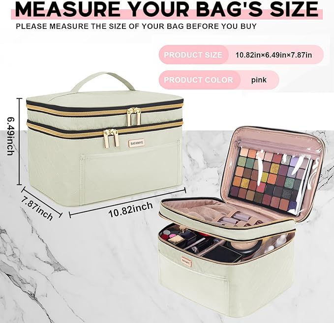 BAFAMYE 8.8L Double Layer Travel Makeup Bag Women, Large Cosmetic Case, Organizer for Travel-Size Accessories Bottles, Brushes, and Skin Care Products, Beige 2.33 GAL