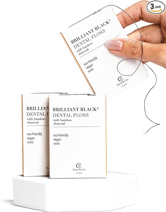 Terra & Co., Brilliant Black Dental Floss (3 Pack) | Organic Teeth Whitening Products | All Natural, with Activated Bamboo Charcoal | Vegan & Cruelty Free | Luxury Dental Care