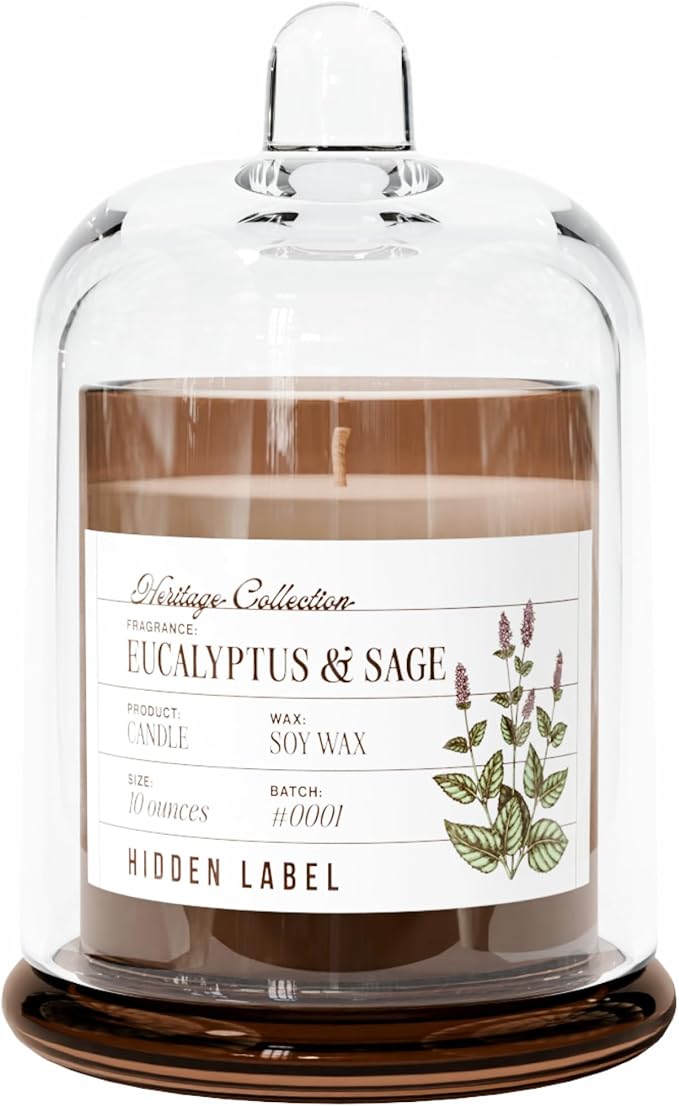 Hidden Label Eucalyptus & Alpine Sage Scented Candle - 10oz Non Toxic Candles for Home Scented with Clear Bell Jar, Natural Soy Wax Aromatherapy Candle for Spa/Yoga/Meditation & Stress Relief Gifts