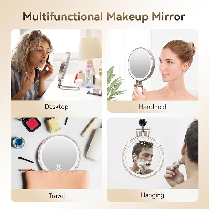 Travel Makeup Mirror with Lights,3000mAh Rechargeable 1X/20X Magnifying Mirror with Light, 7" Portable Lighted Beauty Mirror, Make Up Mirrors with 3 Light Colors, Dimmable Tabletop Handhold Hanging(N)