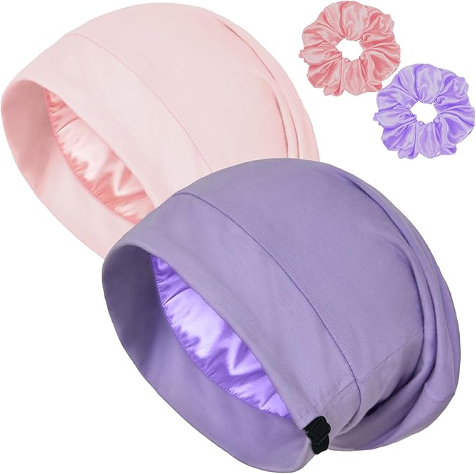 Satin Bonnet for Sleeping Night Cap, Adjustable Satin Lined Silk Bonnets Sleep Cap for Curly Hair Braids Beanie Black Women