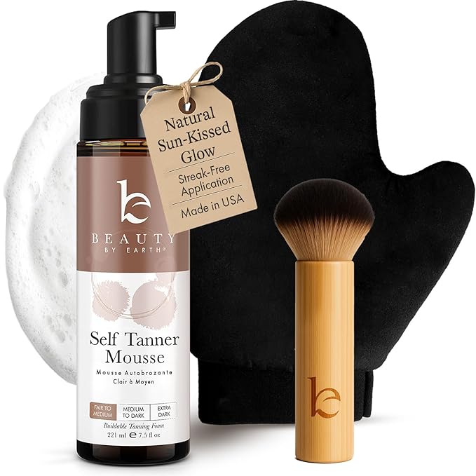 Self Tanner Tanning Mousse Kit - USA Made with Natural & Organic Ingredients, Tan Kit with Kabuki Brush & Mitt, Tanning Foam for Fake Tan, Non Toxic Sunless Tanner, Self Tanners Best Sellers