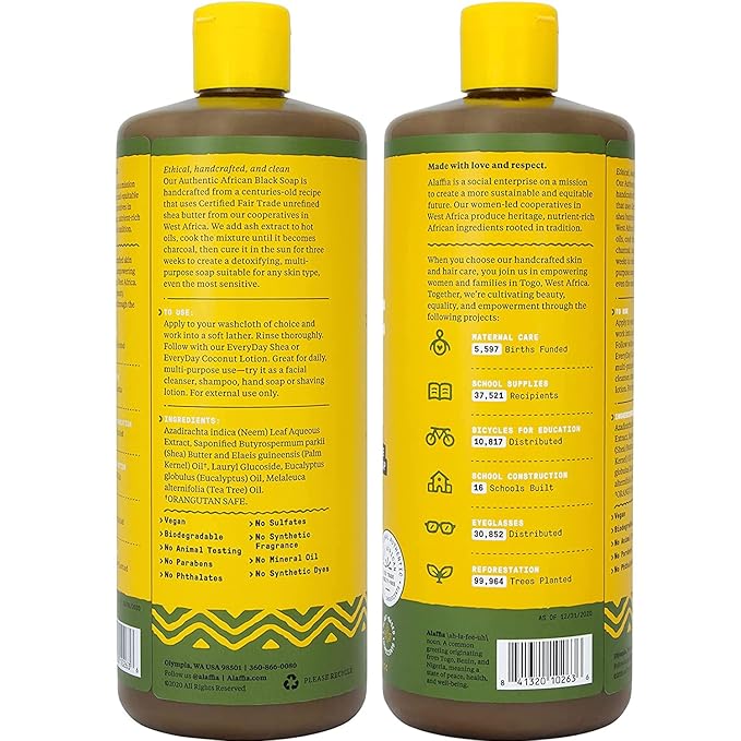Alaffia Authentic African Black Soap, Eucalyptus Tea Tree, 2-Pack – All-in-One Moisturizing Cleanser for Face, Hands, Body & Hair, 32 Oz Ea