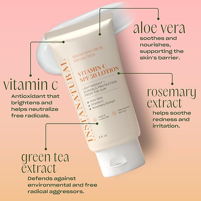 InstaNatural Skin Care Vitamin C SPF 50 Broad Spectrum Sunscreen Lotion, Brightening, Lightweight, Non-Greasy Moisturizer, UVA, UVB Sun Protection Sunblock, with Aloe Vera & Botanicals, 5 Fl Oz