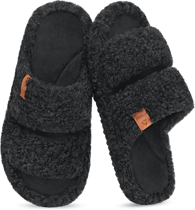 ATHMILE House Slippers for Women with Platform Memory Foam Arch Support Open Toe, Fuzzy Fluffy Cozy Womens Slippers for Home Indoor Outdoor Bedroom Ladies Christmas Gifts Pantuflas Para Mujer