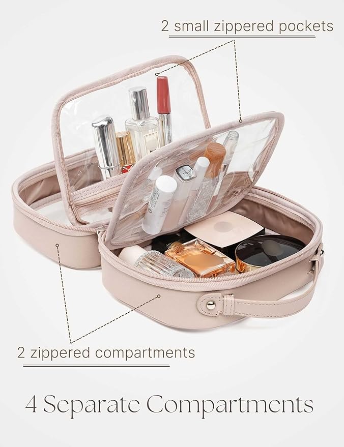 Oaque Clear Cosmetic Bag Double Layer 4 Compartments Travel Toiletry Bag Clear Makeup Bag Case with Zipper Transparent Travel Bag for Toiletries, Gift for Women Girls (Taupe, Small)