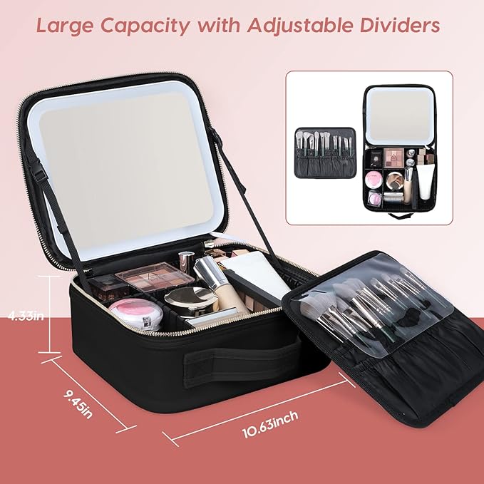 Gdsshuhung Makeup Bag with Mirror | Partitionable Professional Makeup Organizer | Large Travel Makeup Bag for Women | Cosmetic Case for Daily & On-the-Go Use (Black)
