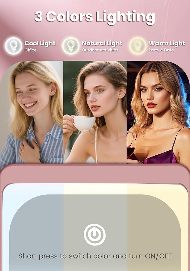 Compact Mirror, Rechargeable 30X Magnifying Mirror with 3 Lighting Modes & Dimmable Brightness, Portable Travel Makeup Mirror with Light, Essentials for Travel, Pocket, Purse, Gifts for Women Rose