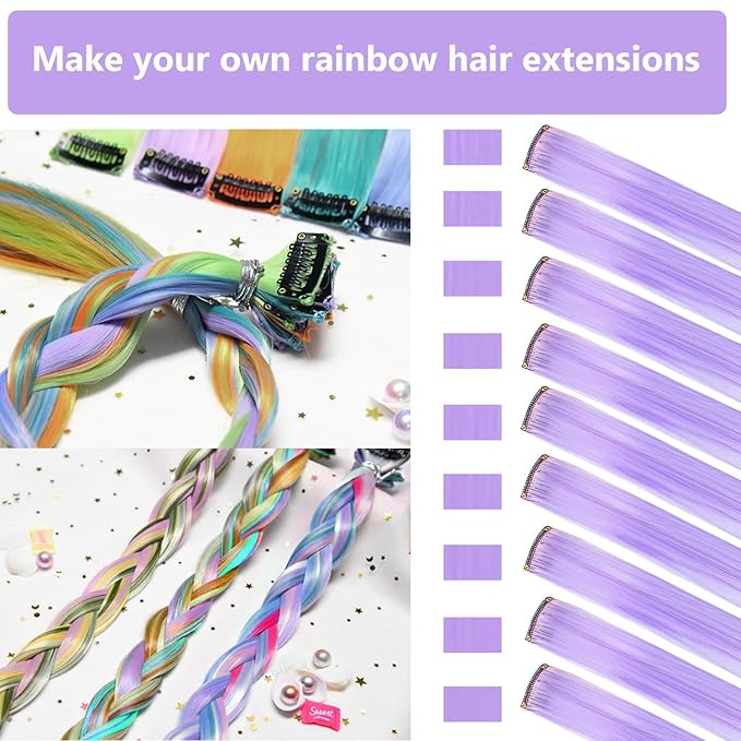 Purple Hair Extensions 14 PCS, 22 In Colorful Clip in Hair Extensions Party Highlights, Rainbow Long Straight Synthetic Hairpieces for Cosplay Women Gift(Light Purple)