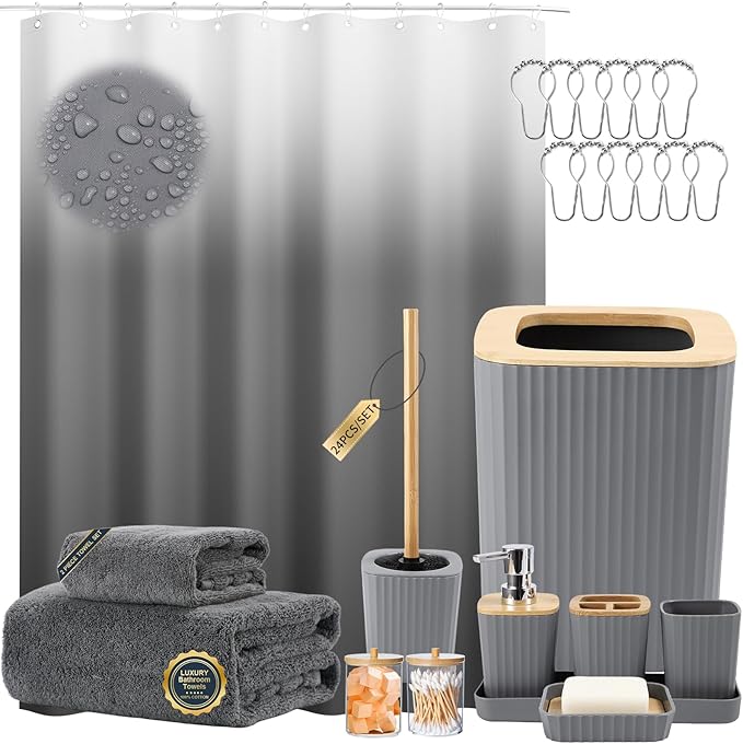 XLHOMO Bathroom Set - Grey Bathroom Accessories Set with Shower Curtain, Bath Towels, Soap Dispenser, Toilet Brush, Trash Can, Grey Bathroom Accessories Sets Complete for Housewarming