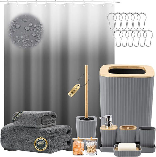 XLHOMO Bathroom Set - Grey Bathroom Accessories Set with Shower Curtain, Bath Towels, Soap Dispenser, Toilet Brush, Trash Can, Grey Bathroom Accessories Sets Complete for Housewarming