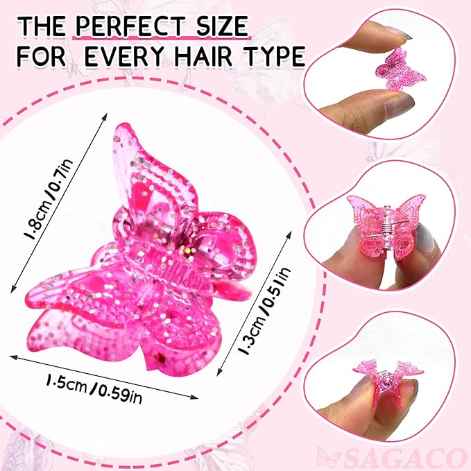 Butterfly Hair Clips Claw, 90s Glitter Y2K Mini Bling Hair Accessories for Women Girls, Cute Dazzling Hair Clip in 10 Sparkly Colors, Durable Grip for Hair Styling, 50 Pieces (Glitter Color)
