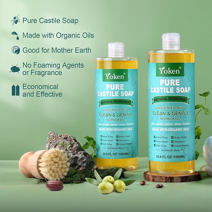Yoken Pure Castile Soap Liquid Unscented 67 fl oz Castile Liquid Soap Made With Organic Oil, Clean & Gentle, No Palm Oil, Vegan, Natural Castille soaps for Face Body Hand Wash, Dishes Multi-purpose