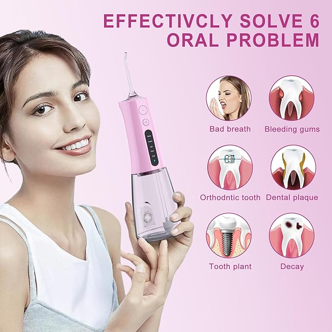 MOCEL Water Dental Flosser OLED Display Cordless Teeth Cleaning MOCEL 5 Modes Oral Irrigator 300ML Portable and USB C Rechargeable IPX7 Waterproof Floss Teeth Pick (Pink)