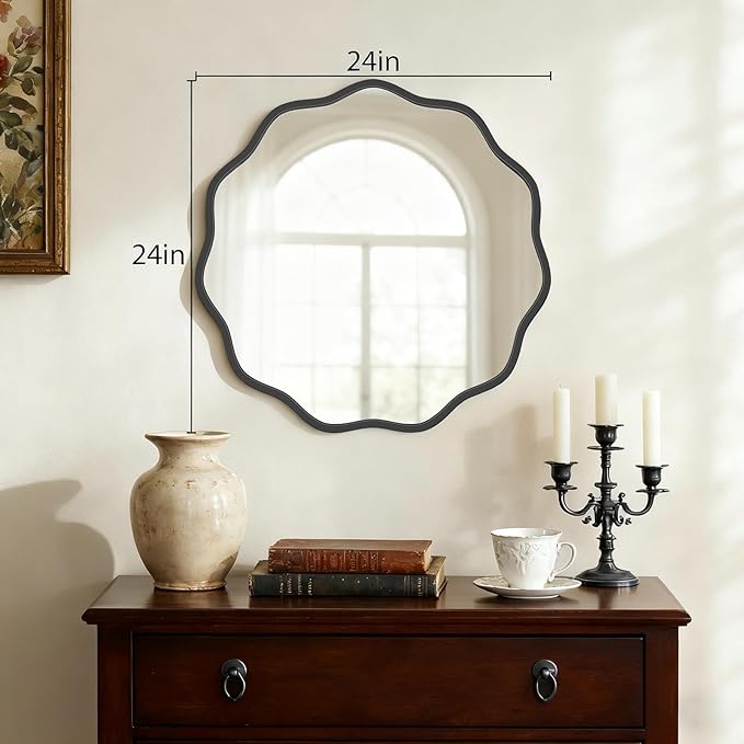 HOMECOOKIN 24 Inch Wavy Round Wall Mirror, Round Wavy Wall Mirror with Aluminum Frame for Bathroom Upgrades, Hotels, Dressing Tables,Farmhouses