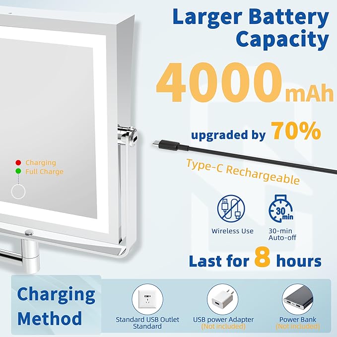 Ruacq Rechargeable Wall Mounted Makeup Mirror with Lights, Double Sided 1X/7X Magnifying Vanity Mirror with 3 Color Lighting, Touch Screen Dimmable, 360° Rotation Extension Foldable Arm(Chrome)