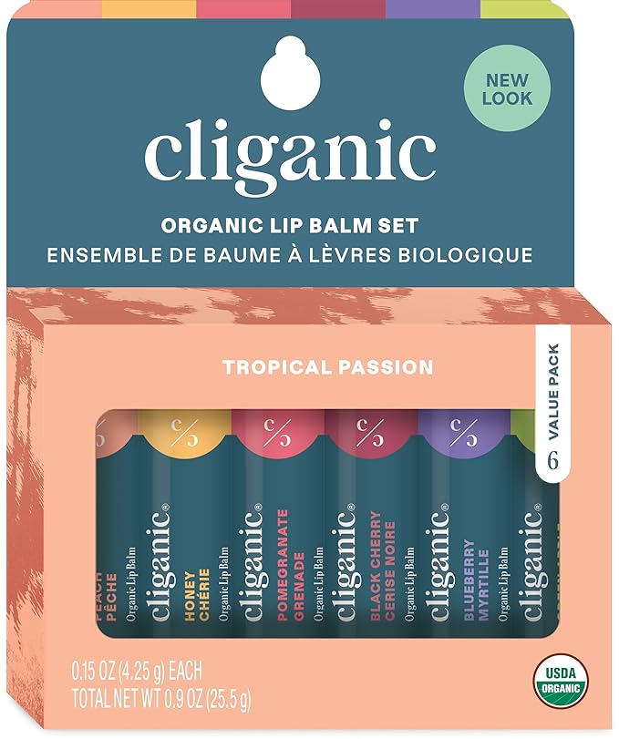 Cliganic Organic Lip Balm Set - 6 Tropical Flavors - 100% Natural Moisturizer for Cracked & Dry Lips