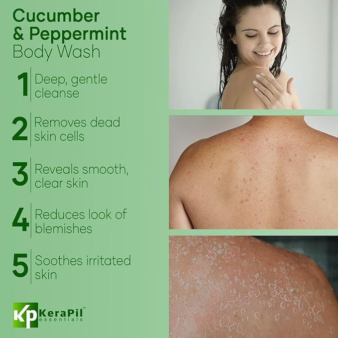 KERAPIL Exfoliating Body Wash with Salicylic Acid - No Dry Out, Gentle Exfoliates Rough and Bumpy Skin, Body Acne Wash, BHA & AHA - Cucumber and Mint Salicylic Acid Body Wash - (16 fl oz)