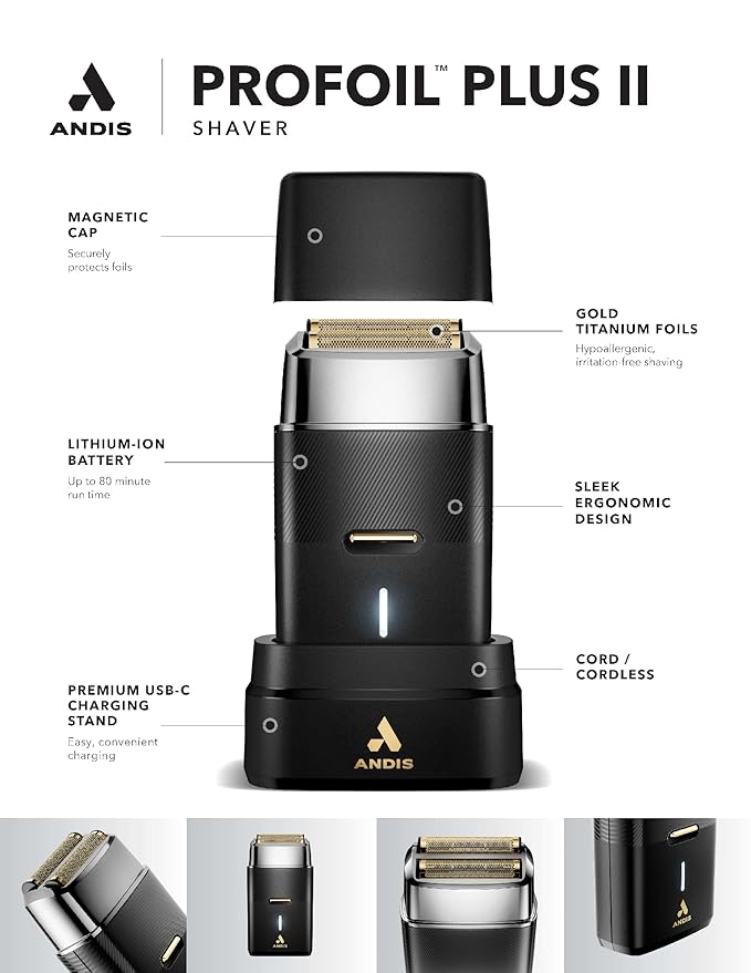 Andis 563616 Pro Foil Plus II Cordless Shaver, Gold Titanium Foils, Lithium Ion Battery, Includes USB-C Charging Stand, Black