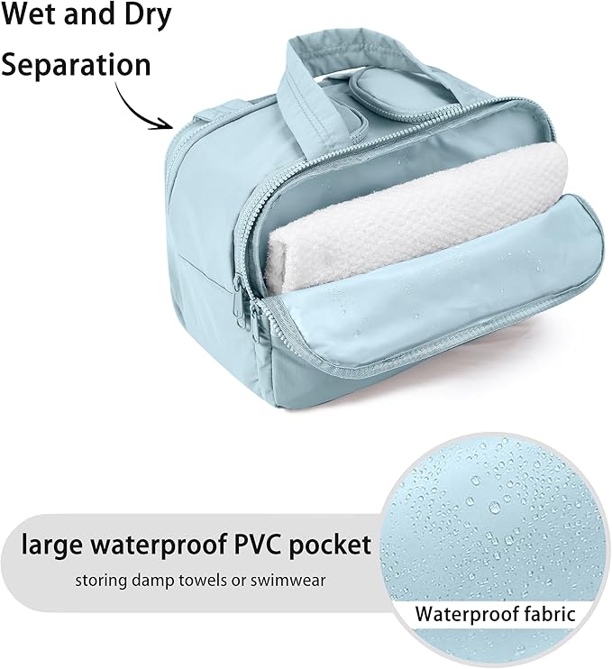 BUZFOWU Travel Toiletry Bag for Women, Large Wide-open Puffy Cosmetic Makeup Bag with Wet-Dry Separation, Multi-Pocket Organizer with Carry Handle for Toiletries, Cosmetics, Essentials, Light Blue