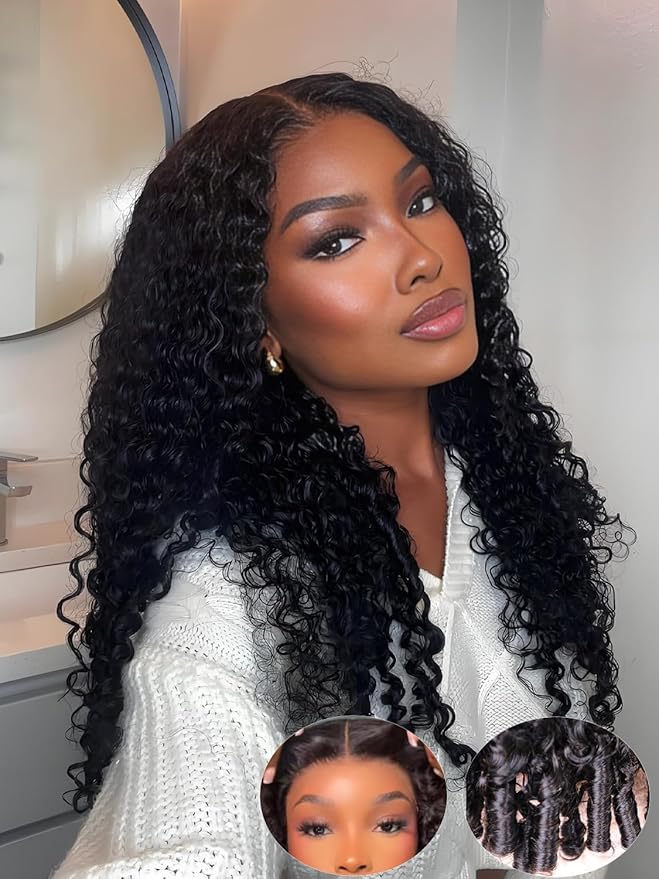 ORIGINAL QUEEN Burmese Curly Wear and Go Glueless Wig Human Hair Curly Texture with Finger Coil Ends Upgrade 9X6 T Part Pre Cut Lace Flip Over Beginner Friendly with Drawstring 180% Density 26 Inch