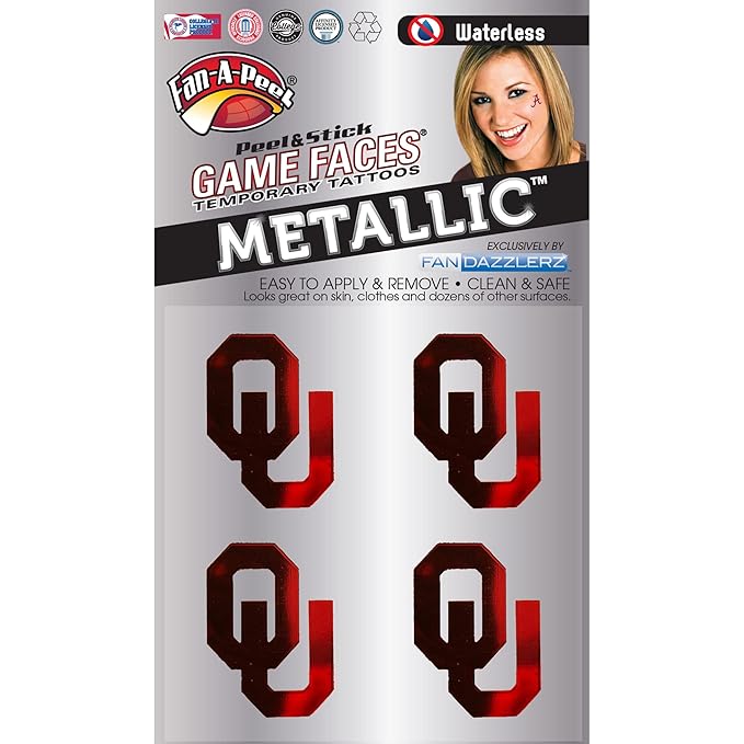 Fan-A-Peel Oklahoma Waterless Temporary Tattoos - Hypoallergenic Peel and Stick Waterproof Temporary Tattoos, Metallic - Officially Licensed