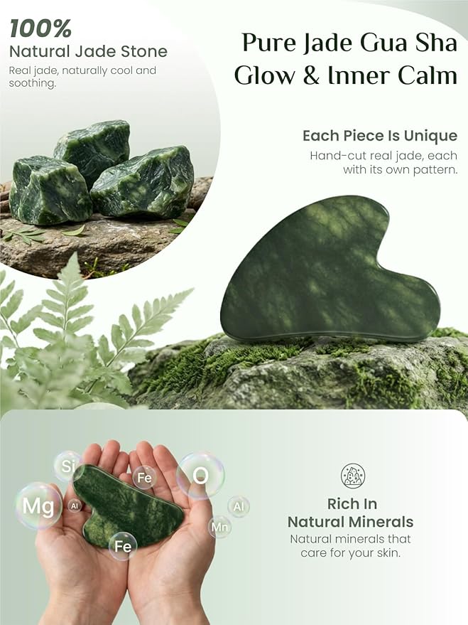 Rena Chris Gua Sha Facial Tools, Natural Jade Stone Guasha Tool for Face Massage - Face Sculpting Tool for Jawline Sculpting, Puffiness Reduction and Skincare Routine with Travel Pouch